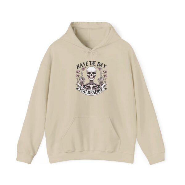 "Have the Day You Deserve" Hoodie – Double Middle Finger Skeleton & Floral Design - Image 10