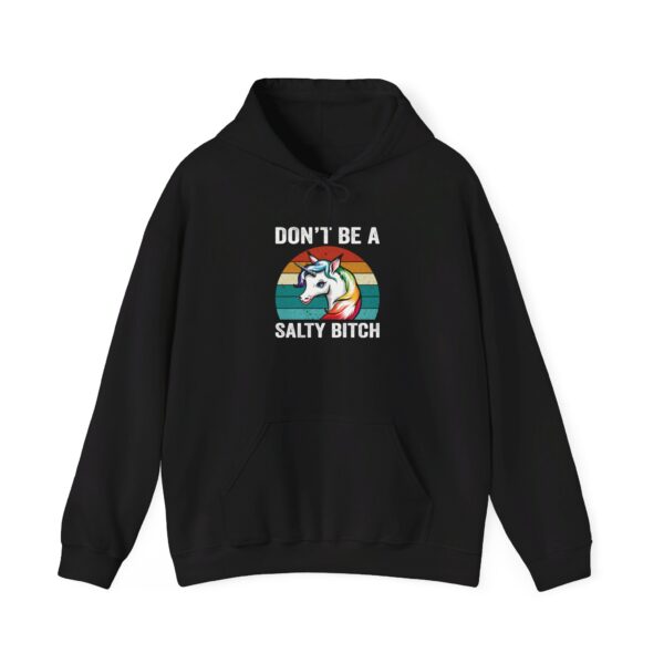 "Don't Be A Salty Bitch" Hoodie – Rainbow Striped Unicorn Design - Image 2