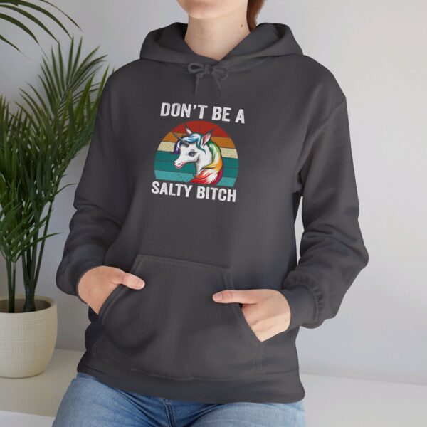 "Don't Be A Salty Bitch" Hoodie – Rainbow Striped Unicorn Design - Image 5