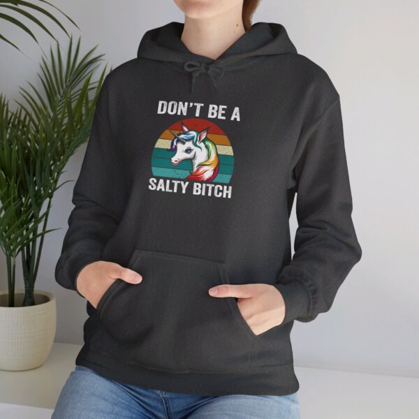 "Don't Be A Salty Bitch" Hoodie – Rainbow Striped Unicorn Design - Image 9