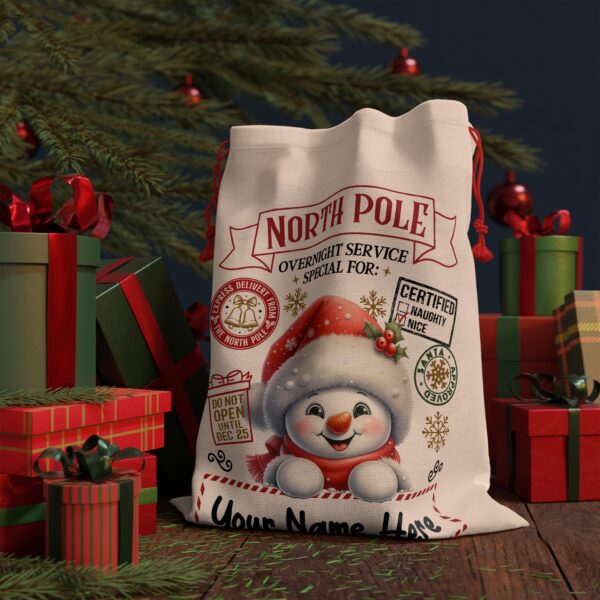 Personalized Santa Sack – North Pole Express Delivery Bag for Christmas Gifts – Snowman