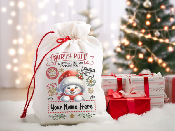 Personalized Santa Sack – North Pole Express Delivery Bag for Christmas Gifts - Snowman - Image 3