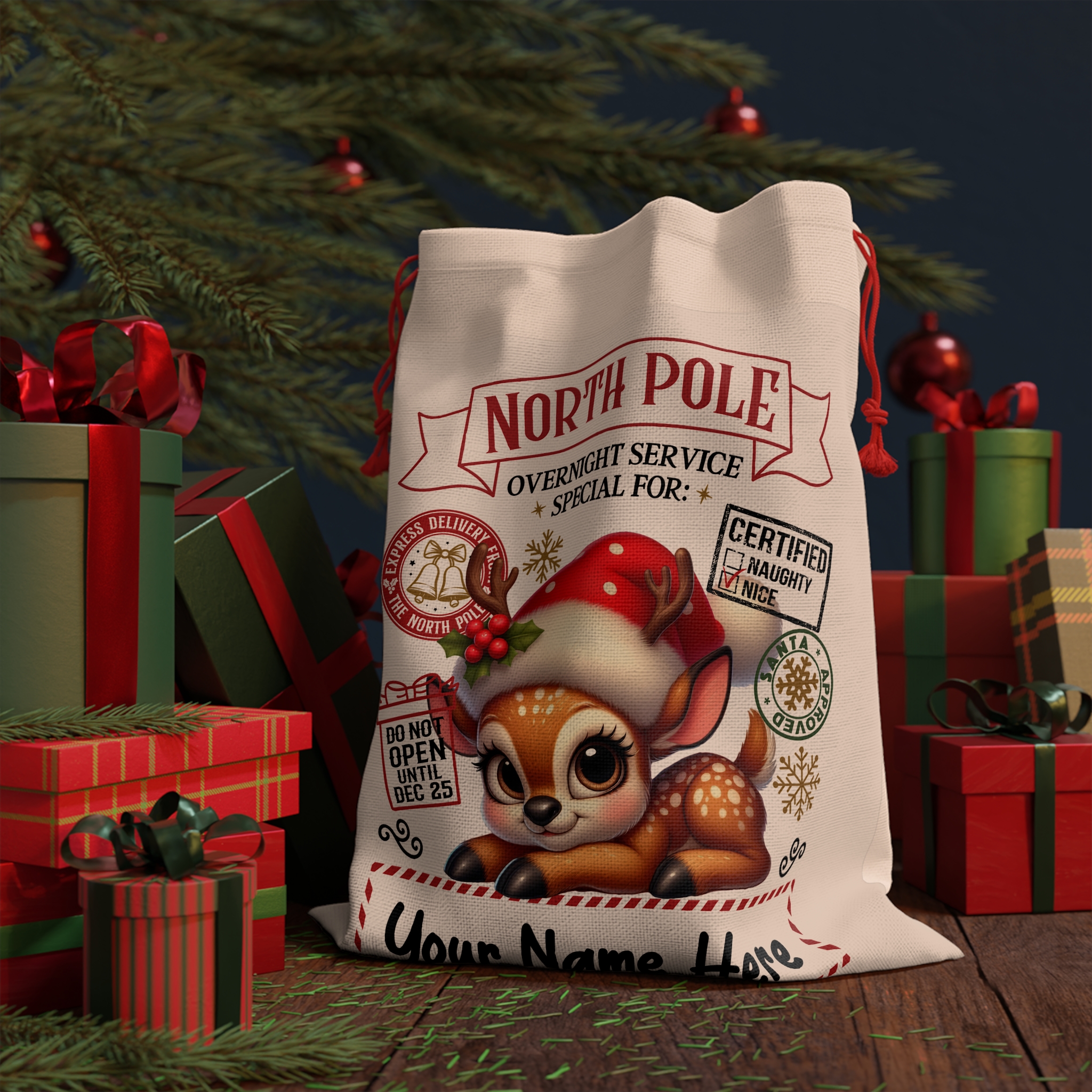 Personalized Santa Sack – North Pole Express Delivery Bag for Christmas Gifts – Reindeer