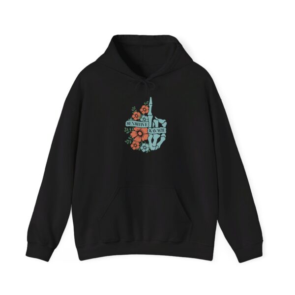 "Sensitive Savage" Hoodie – Skeleton Hand & Floral Middle Finger Design - Image 2