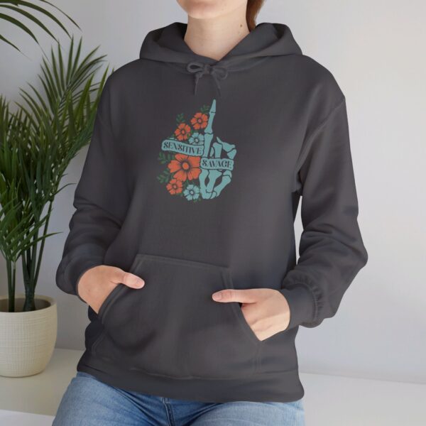 "Sensitive Savage" Hoodie – Skeleton Hand & Floral Middle Finger Design - Image 5