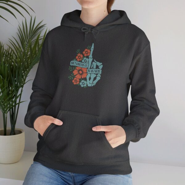 "Sensitive Savage" Hoodie – Skeleton Hand & Floral Middle Finger Design