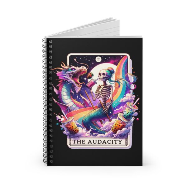 The Audacity Skeleton Mermaid Notebook – Mermaid Skeleton Riding Dragon with Rainbows and Iced Coffee Spiral Journal - Image 3