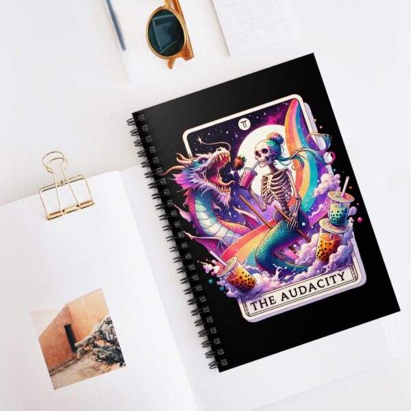 The Audacity Skeleton Mermaid Notebook – Mermaid Skeleton Riding Dragon with Rainbows and Iced Coffee Spiral Journal - Image 5