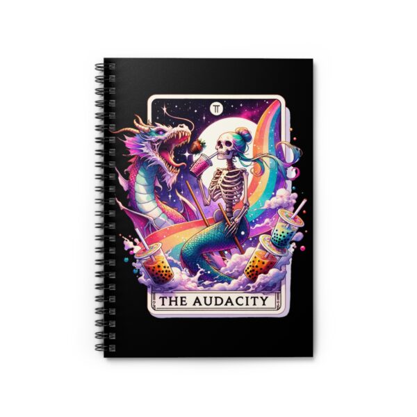 The Audacity Skeleton Mermaid Notebook – Mermaid Skeleton Riding Dragon with Rainbows and Iced Coffee Spiral Journal - Image 2