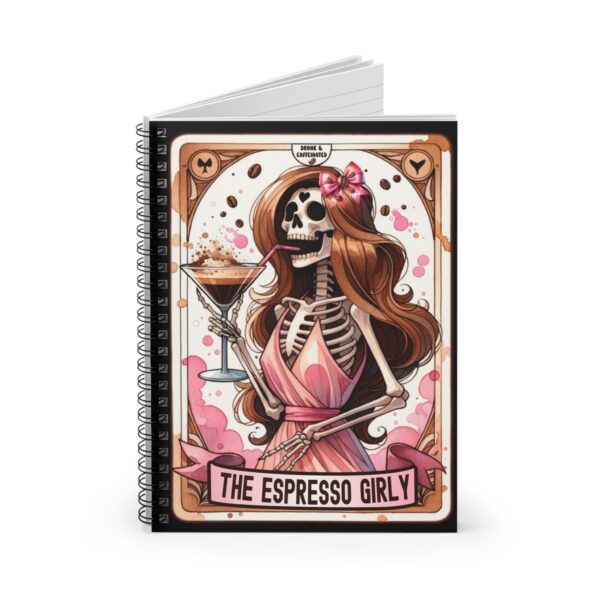 The Espresso Girly Skeleton Notebook – Pink Dress Skeleton with Martini Spiral Journal - Image 3