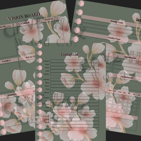 2025 Hyperlinked Digital Floral Planner: Dark Green with Pink Flowers | Weekly, Monthly, Budget Sheets & Vision Board - Image 2