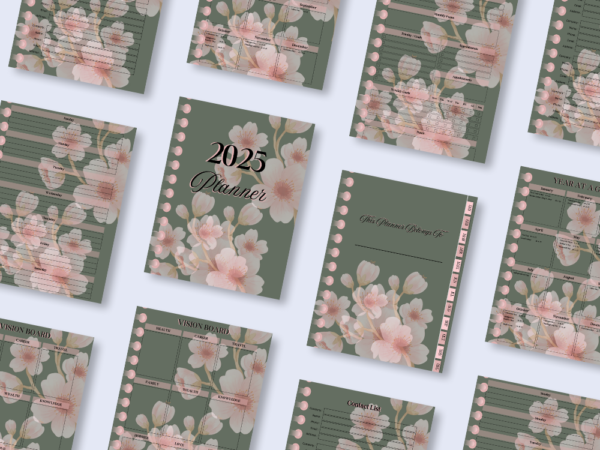 2025 Hyperlinked Digital Floral Planner: Dark Green with Pink Flowers | Weekly, Monthly, Budget Sheets & Vision Board - Image 5