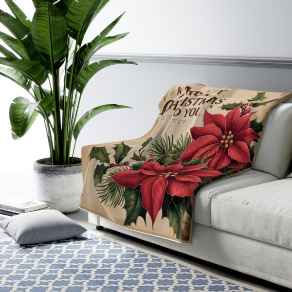 Vintage Poinsettia and Holly Merry Christmas Sherpa Fleece Blanket - Image 4