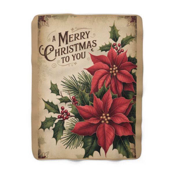 Vintage Poinsettia and Holly Merry Christmas Sherpa Fleece Blanket - Image 3