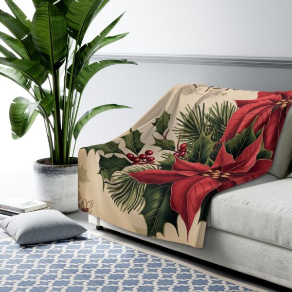 Vintage Poinsettia and Holly Merry Christmas Sherpa Fleece Blanket - Image 2