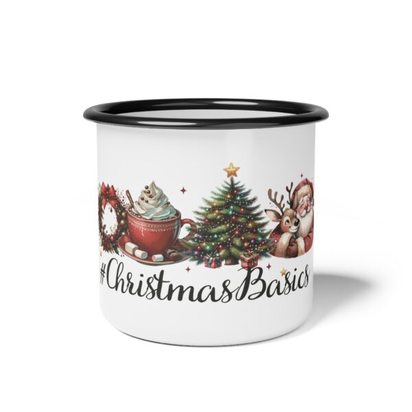 Vintage Christmas Basics Enamel Coffee Mug – 12oz Black Rim Mug with Wreath, Tree, Reindeer, Hot Cocoa, and Santa Claus - Image 3