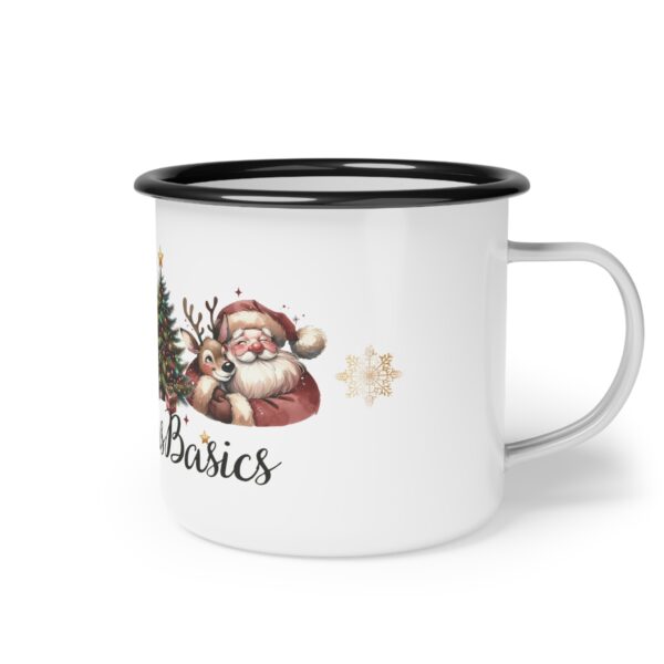 Vintage Christmas Basics Enamel Coffee Mug – 12oz Black Rim Mug with Wreath, Tree, Reindeer, Hot Cocoa, and Santa Claus - Image 2