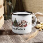 Vintage Christmas Basics Enamel Coffee Mug – 12oz Black Rim Mug with Wreath, Tree, Reindeer, Hot Cocoa, and Santa Claus