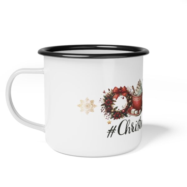 Vintage Christmas Basics Enamel Coffee Mug – 12oz Black Rim Mug with Wreath, Tree, Reindeer, Hot Cocoa, and Santa Claus - Image 4