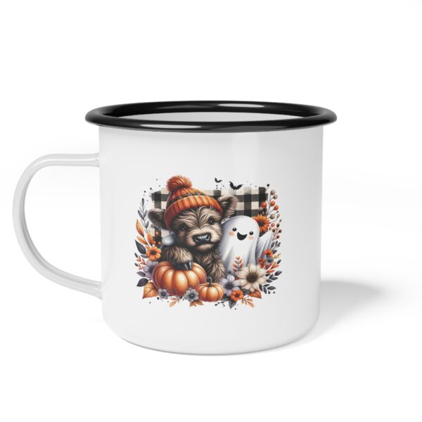 Adorable Highland Cow Fall Enamel Coffee Mug – 12oz Black Rim Mug with Pumpkins and Cute Ghost - Image 2