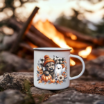 Adorable Highland Cow Fall Enamel Coffee Mug – 12oz Black Rim Mug with Pumpkins and Cute Ghost