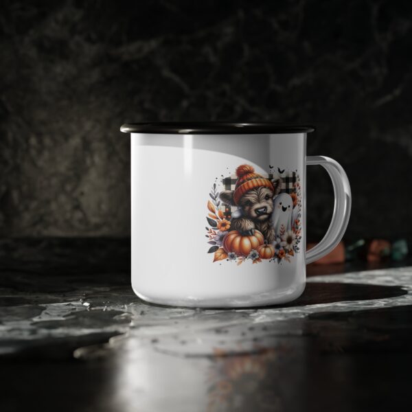 Adorable Highland Cow Fall Enamel Coffee Mug – 12oz Black Rim Mug with Pumpkins and Cute Ghost - Image 5