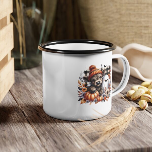 Adorable Highland Cow Fall Enamel Coffee Mug – 12oz Black Rim Mug with Pumpkins and Cute Ghost - Image 6