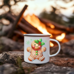 Boy Gingerbread Man Nice List Enamel Coffee Mug – 12oz Black Rim Mug with Festive Gingerbread Design