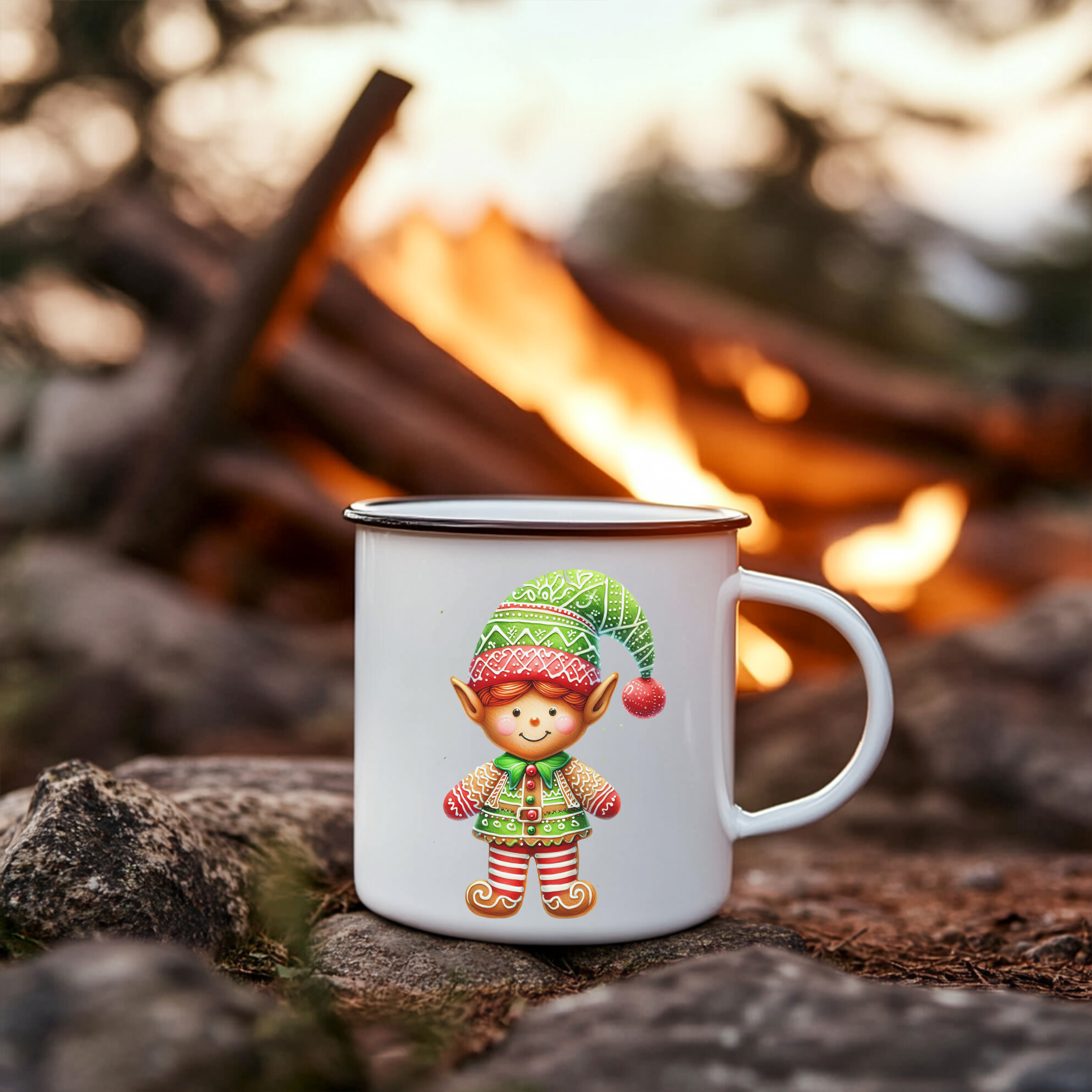 Personalized Girl Elf Nice List Enamel Coffee Mug – 12oz Black Rim Mug with Vintage Girl Elf Design