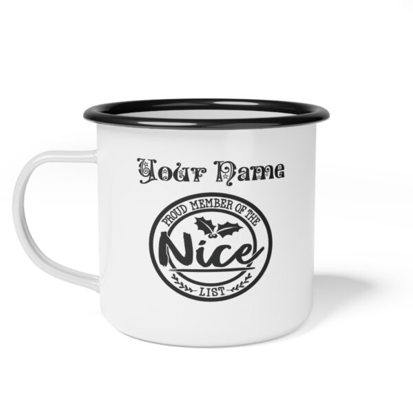 Boy Elf Nice List Enamel Coffee Mug – 12oz Black Rim Mug with Festive Boy Elf Design - Image 4