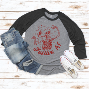 “Festive AF” Dancing Skeleton Tee – Funny Holiday Party Shirt