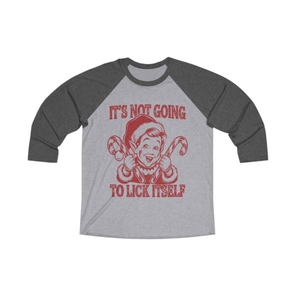 Festive Baseball Tee - "It's Not Going to Lick Itself" Elf Design - Perfect Holiday Humor - Image 3