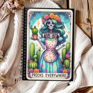 Pricks Everywhere Skeleton Notebook – Quirky Cactus-Themed Spiral Journal with Moon and Stars