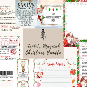 Santa’s Magical Christmas Bundle – Customizable Letter from Santa, Nice List Certificate, Reindeer Food Tags, Activity Book, and Santa’s Magic Key