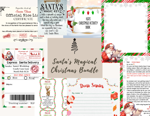 Santa’s Magical Christmas Bundle – Customizable Letter from Santa, Nice List Certificate, Reindeer Food Tags, Activity Book, and Santa’s Magic Key