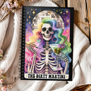 The Dirty Martini Skeleton Notebook – Rainbow Hair Skeleton with Disco Ball Spiral Journal