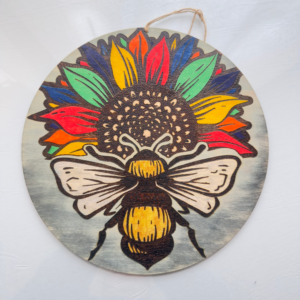 Bee and Sunflower Sign | Wood Burned and Painted | Rustic Garden Decor